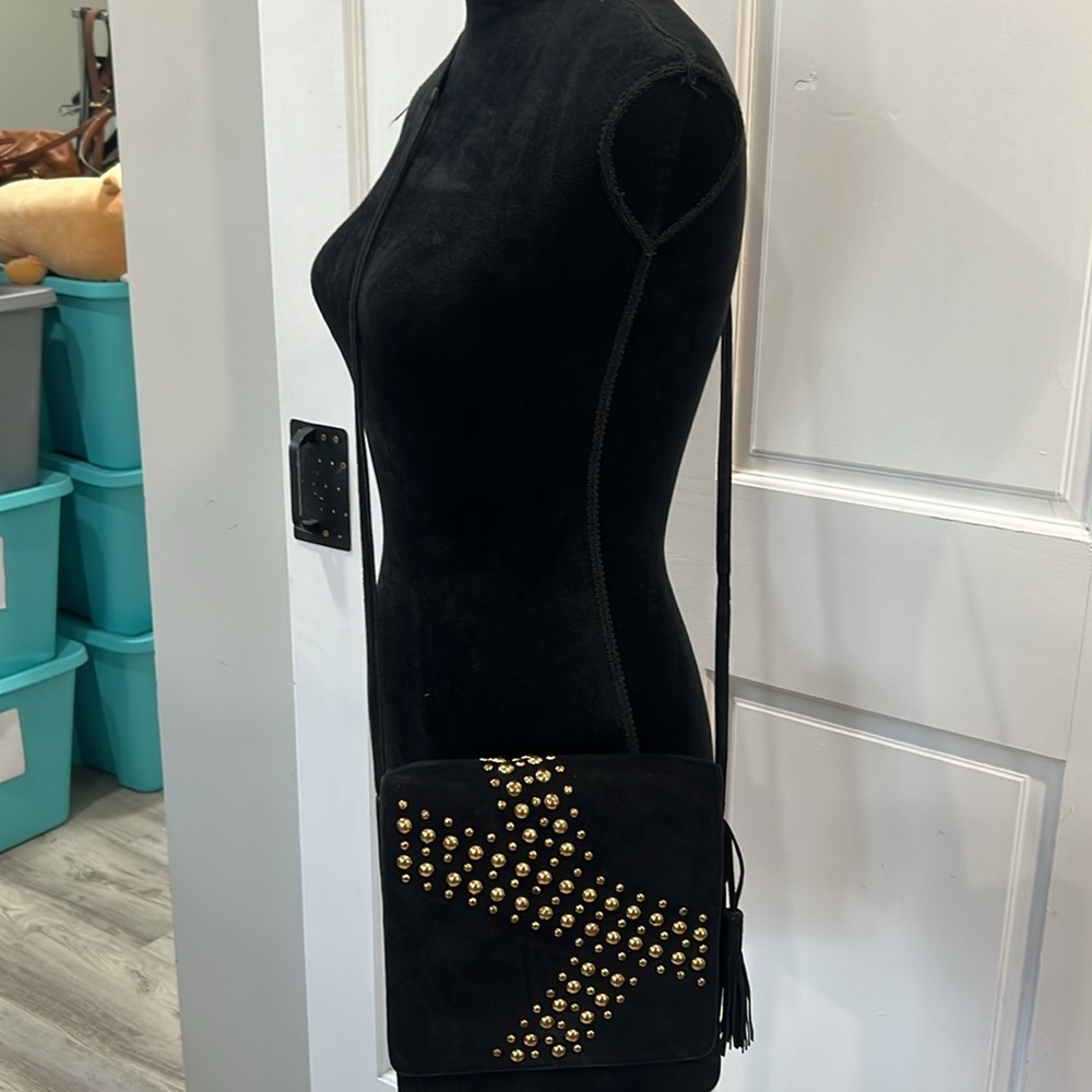 Vintage suede J.Renee gold studded Crossbody w/tassel and high heel accent